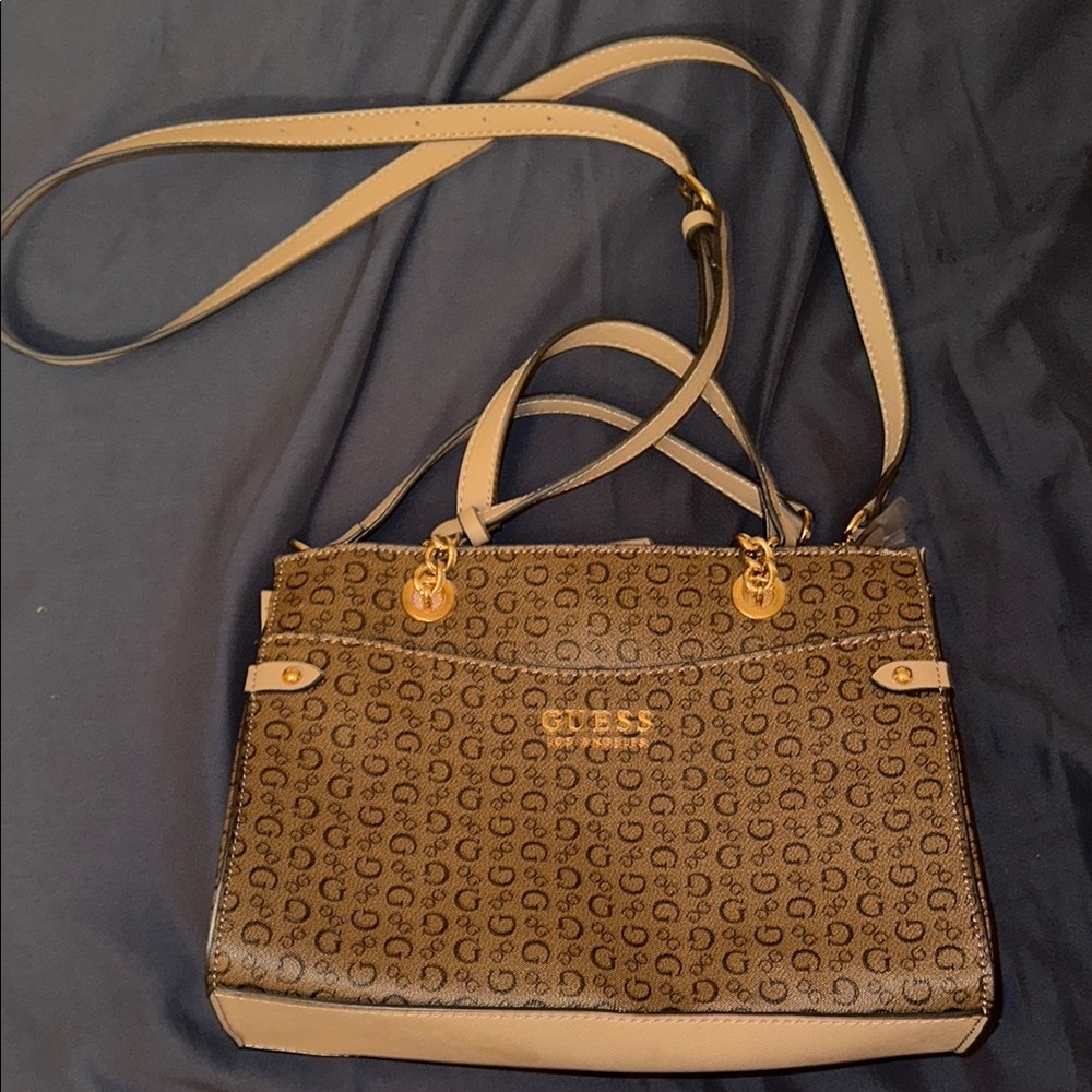 Guess Brown and Tan Monogram Shoulder Bag